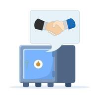 Financial security concept, safe and handshake. Escrow account or secure joint account for safe transactions. Trust agreement, partnership, online payment or business. Design illustration. vector