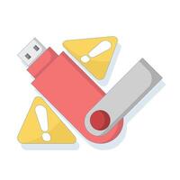 Flash drive warning concept. A USB flash drive lying on the floor with an exclamation mark. A warning not to pick up flash drives randomly due to the risk of viruses, or digital crime. vector