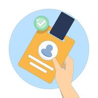 Identity card concept. Identity card with check mark icon. Stored information or stay logged in function. Perfect for easy to use app interfaces and account management features. Flat illustration. vector