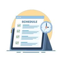 Scheduled Appointment Concept. Tablet with Schedule and Clock. Business graphic design for scheduling tasks in a week. Create schedule online. Flat Design Illustration on Background. vector