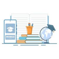Online education concept, Open book with smartphone, World map webinar, Online business training, E-learning concept, Digital marketing. Flat design illustration on isolated background. vector