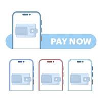 Mobile payment concept, smartphone screen showing digital wallet, pay now button. Represents mobile payments, online transactions and financial technology applications. Flat design illustration vector