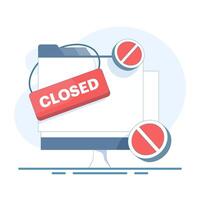 The concept of temporary unavailability, announcement of the closure of a service or website. Displaying a web page with a hanging Closed sign, termination of service for an application or website. vector