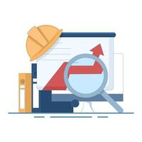 Business, market or sales growth concept. Upward arrow chart with magnifying glass. Data analysis and financial forecast. For presentations, reports, economic trends. Flat illustration. vector