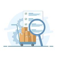 inventory management concept. organize and control inventory of goods or products. list some boxes or inventory items in a warehouse. jobs and tasks. flat style design illustration vector