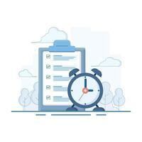 Timely Task Concept. Clipboard and Clock. finishing work or achieving goals before deadline, time management, productivity to achieve targets on time, Flat Design Illustration in the background. vector
