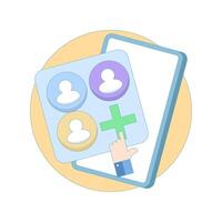 ability to create groups or add new members on web or mobile app. multiple user profile icons with plus signs. community building, social connections, team collaboration. Flat design illustration vector