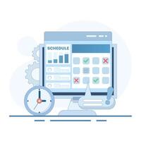 Scheduled Appointment Time Concept. Calendar with Clock. Activity planner and schedule. Additional planner, emphasizing organized time management. Flat Design Illustration in Background. vector