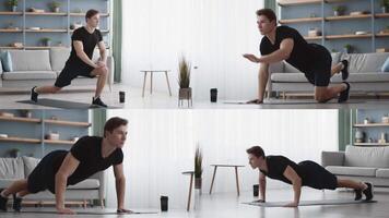 Athletic man engage in various exercises at home, showcasing strength and flexibility. video