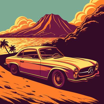Vintage Car by Tropical Beach