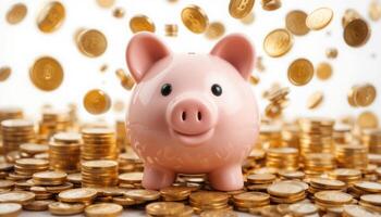 Cute Piggy Bank Surrounded by Shiny Coins on a Bright Background photo