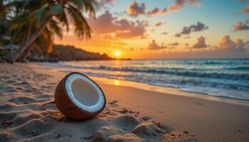 Tropical Beach Sunset with Coconut on Sandy Shoreline and Waves photo