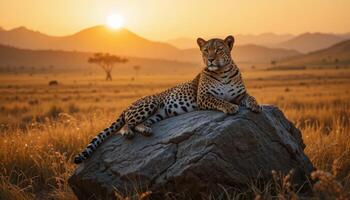 Majestic Leopard Resting on Rock Against Stunning Sunset Horizon photo