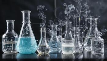 Glass Laboratory Equipment with Colorful Reagents and Steam Effects photo