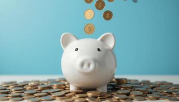 Money Saving Concept with a White Piggy Bank and Coins around It photo