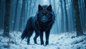 Majestic Black Wolf Stands in Snowy Forest Under Misty Atmosphere photo