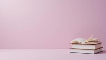 Open Book Resting on Stack of Books Against Pink Background photo