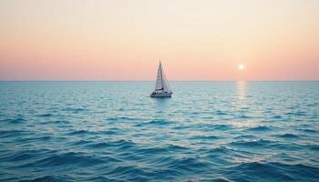 Serene Sunset Over Calm Ocean with Sailboat on the Horizon photo