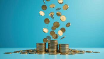 Falling Coins Create Dynamic Scene with Bitcoin Stacks and Blue Background photo