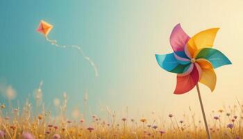 Colorful Pinwheel and Kite in a Sunny Outdoor Setting photo