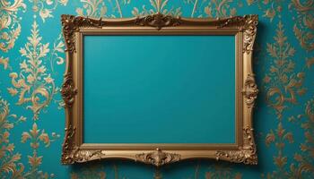 Ornate Golden Frame on Teal Background with Vintage Floral Pattern photo