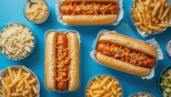 Delicious Hot Dog Feast with Fries and Sauces on Blue Background photo