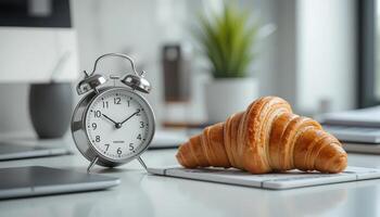 Breakfast Scene with Alarm Clock and Fresh Croissant on Table photo