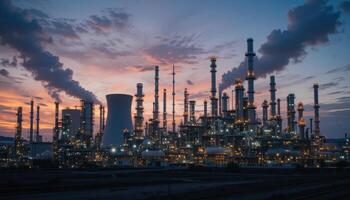 Industrial Complex at Dusk with Smoke and Illuminated Structures photo