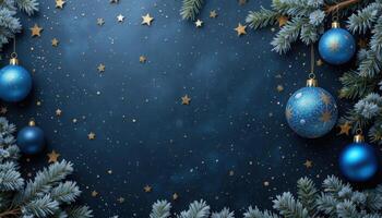 Festive Blue Ornaments and Pine Branches on Starry Background photo