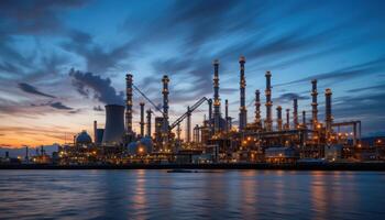 Industrial Complex at Sunset with Smokestacks and Liquid Reflectance photo
