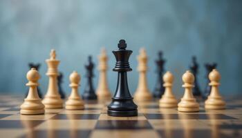 Chess Board with Black and White Pieces in Strategic Setup photo
