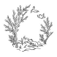Round frame with spring landscape with space for text in the center. Border with flowering willow bushes, birds, mouse and snowdrop on thawed patch for postcard, cover and other seasonal design vector
