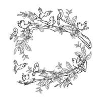 Spring frame of little cartoon birds on flowering tree branch with empty place for text. Round border. Hand-drawn outline season composition for a postcard and coloring book cover vector