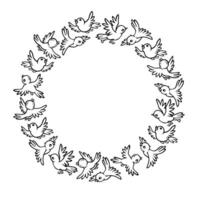Round frame of small cartoon birds sparrows or titmouses flying in different directions. Black and white outline illustration with space for text in the center for postcard, cover or print design vector