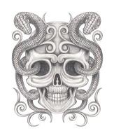 Skull with snake surreal art tattoo design by hand drawing and make graphic . vector