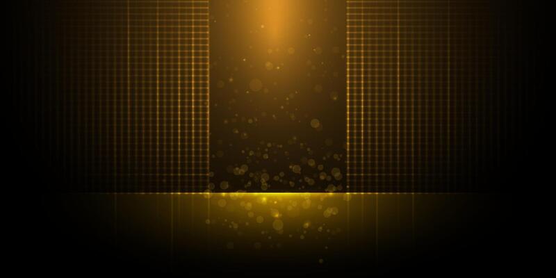 Abstract glitter gold luxury background. Element with gold light glow effect, bokeh and glowing dot particle on black gradient color. Modern graphic design for wallpaper background