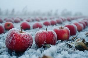 Frozen apples in a field photo