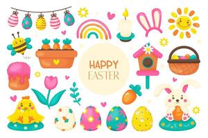 Easter big set in cartoon style. Easter and spring elements. In bright colors. vector