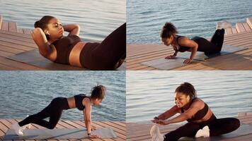 A fit woman engages in various exercises on a wooden platform by the water. She performs stretching, push-ups, and lunges, demonstrating a commitment to a healthy lifestyle and fitness training. video