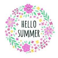Hello Summer Phrase on the Square Card. Floral Colourful Ornamental Banner with Flowers, Leaves, Branches Pattern. vector