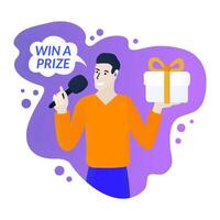 Promoter Guy Speaking into a Microphone. Win a Prize Text in the Speech Bubble. Spokesman Holding Gift Box with Ribbon Bow. Loyalty Program Illustration vector