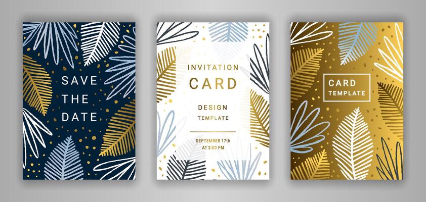 Wedding Invitation Card Template Set. Elegant Tropic Palm Tree Leaves Background. Save the Date Phrase. Hand Drawn Exotic Tropical Branches. Black, White, Gold, Silver and Blue Decor.