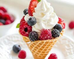 A waffle cone with whipped cream and berries photo