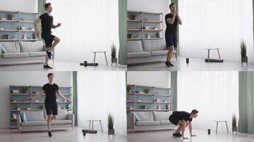 Dynamic workouts showcase athletic guy performing exercises like lunges, jumps, and push-ups in a contemporary living room. This setting promotes an active and healthy lifestyle. video