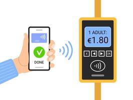 A Hand Holding a Smartphone, Buying a Ticket through the Terminal with NFC Technology. Contactless Mobile Payment in Public Transport Flat Design. vector