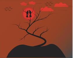 Silhouettes of two birds sitting on a tree branch against a stunning red sunset sky. Small birds gracefully fly in the background, creating a peaceful and romantic evening scene. Perfect for nature, vector