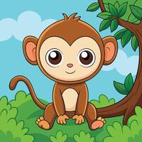 Adorable Kawaii Monkey Perched on a Tree Branch vector