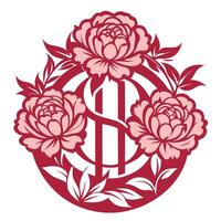 Intricate Split Monogram Design Adorned with Delicate Peony Flowers Laser Cut Template vector