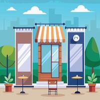 Three Enticing Large Banner Mockups to Display Your Message in Front of a Quaint Coffee Shop vector