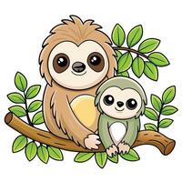 Adorable Sloth and Baby Embracing Amidst Leafy Canopy in a Mobile Tree Cart vector